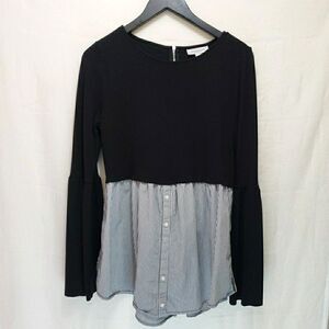 Motherhood Maternity Top Size M Medium Black Bell Sleeve Striped Mixed Media Hem
